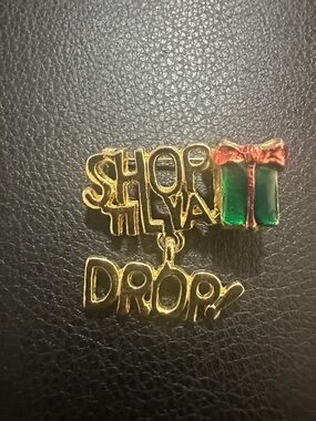 Gold Tone 'Shop Til Ya Drop' Holiday Pin with Green & Red Gift & dangling drop.